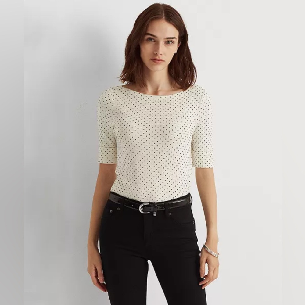 Ralph Lauren Women's Top ivory/Black Polka Dot Size Xxl